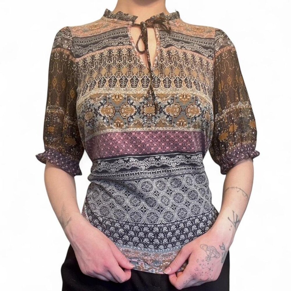 Lucky Brand brown and black patterned paisley blouse with tie neck detail